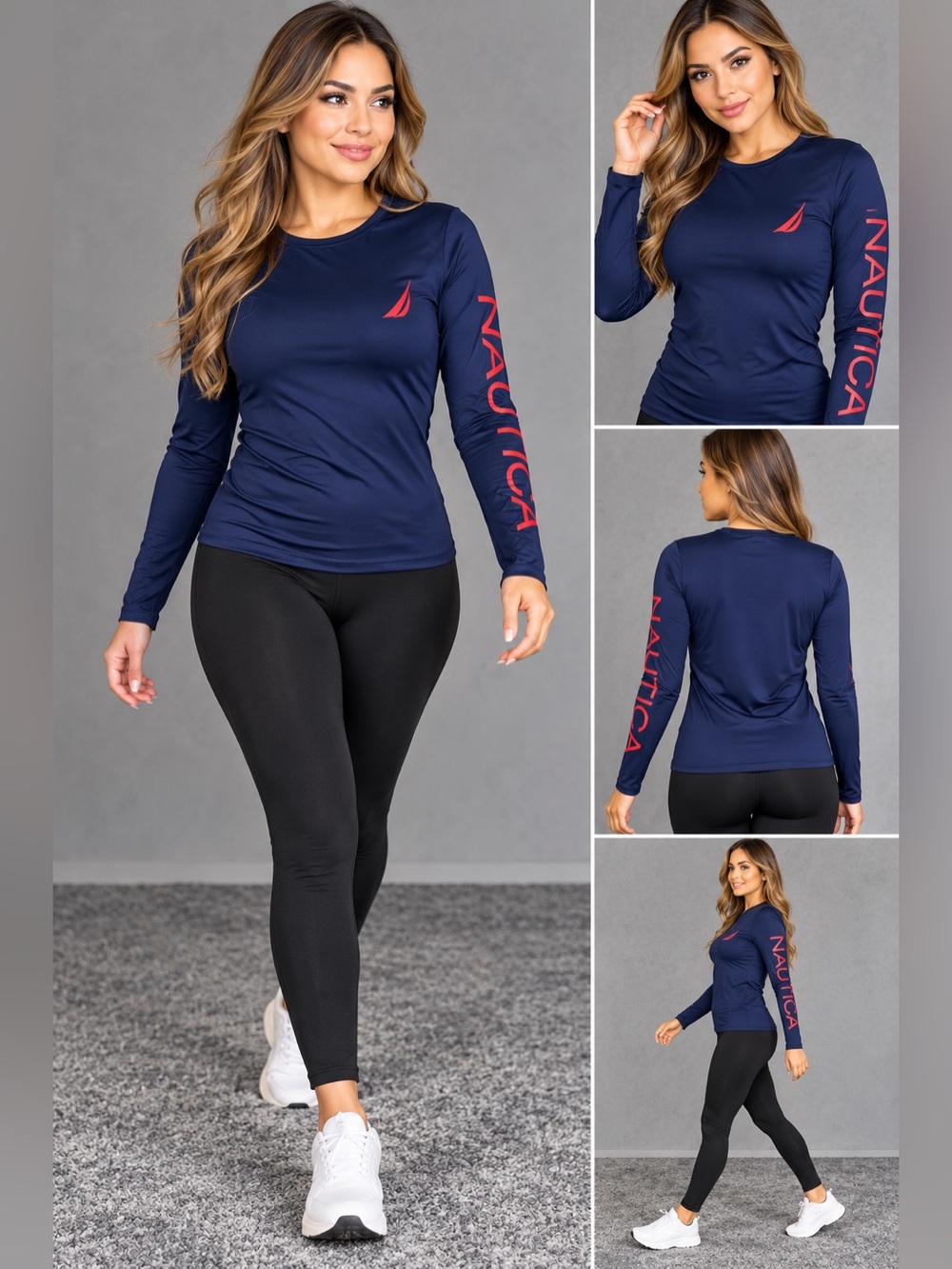 Nautica Women’s Long-Sleeve Navy Performance Tee with Red Logo